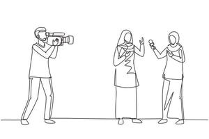 Single one line drawing Arab woman journalist with microphone, interview Arabian girl at tv studio. Reporter and cameraman broadcast breaking news at live stream. Continuous line draw design vector