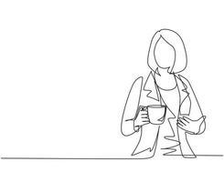 Single one line drawing business woman holding and showing coffee cup sitting in the coffee shop. Business dress code. Enjoy relax time after office. Continuous line draw design vector illustration