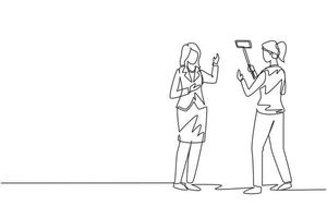 Continuous one line drawing professional shooting team record video interview for public blog vlog with smartphone and monopod stick. Woman journalist as news anchor. Single line draw design vector