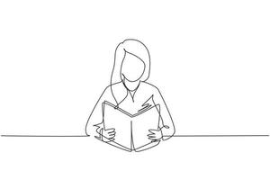 Single continuous line drawing girl reading book, education. Woman student sitting at desk to read literary work, story books and study, textbooks on table. One line draw design vector illustration