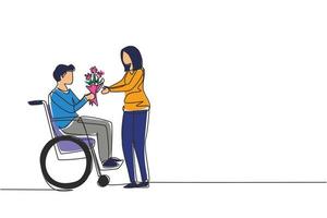 Single continuous line drawing woman and disabled man in wheelchair. Male give bouquet of flower to female. Family moral support. Disability rehabilitation. One line draw design vector illustration