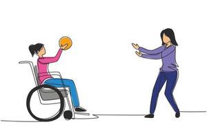 Continuous one line drawing happy lifestyle of disabled people concept. Little girl in wheelchair playing ball with female friend outdoors living active lifestyle. Single line design graphic vector