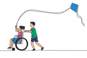 Continuous one line drawing happy child disabled concept. Hand drawn boy pushing little girl in wheel chair with flying kite. Disabled has fun outside. Single line draw design vector illustration