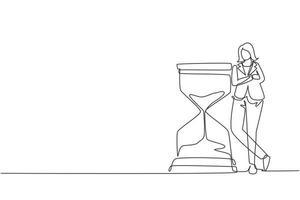 Single continuous line drawing businesswoman lean on huge giant hourglass. Time is money financial investment concept. Time management conceptual metaphor. One line draw design vector illustration