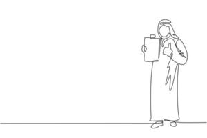 Single continuous line drawing Arabian businessman wearing traditional clothes holding clipboard and making or showing thumbs up gesture. Person keeping file pad in hand. One line draw design vector