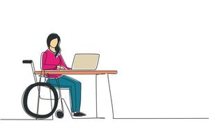 Single continuous line drawing young woman uses wheelchair, working with computer in office. Online job and startup. Physical disability and society. One line draw graphic design vector illustration