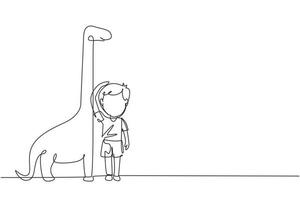 Single continuous line drawing little boy measuring his height with brontosaurus height chart on wall. Kid measures growth. Child measuring height. One line draw graphic design vector illustration