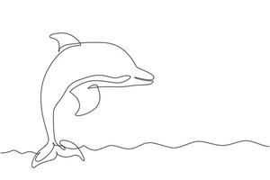 Single one line drawing cute dolphins. Cute blue dolphins, dolphin jumping and performing tricks with ball for entertainment show. Modern continuous line draw design graphic vector illustration