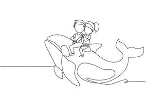 Single continuous line drawing little boy and girl riding orca together. Kids sitting on back whale killer in swimming pool. Whale killer or orca in water. Dynamic one line draw graphic design vector