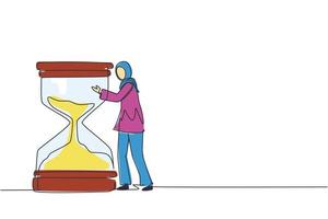 Continuous one line drawing confident young Arabic businesswoman hugging on huge hourglass. Time management or successfully task organizing concept. Single line draw design vector graphic illustration