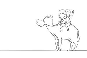 Single one line drawing happy little boy and girl riding camel together. Children sitting on hump camel with saddle in desert. Kids learning to ride camel. Continuous line draw design graphic vector