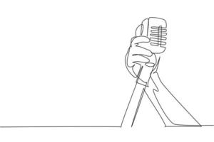 Continuous one line drawing hand holding a retro microphone over white background. Rock music live concert with old microphone. Mic for sing a song. Single line draw design vector graphic illustration