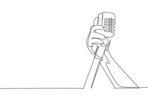 Continuous one line drawing hand holding a retro microphone over white background. Rock music live concert with old microphone. Mic for sing a song. Single line draw design vector graphic illustration