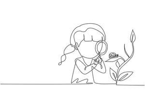 Single one line drawing little girl using magnifying glass and observing ladybug on leaf. Children observing nature. Kids activities. Modern continuous line draw design graphic vector illustration