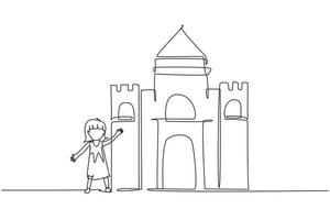 Continuous one line drawing cheerful girl playing in castle made of cardboard boxes. Happy little medieval princess. Creative kid playing castle. Single line draw design vector graphic illustration