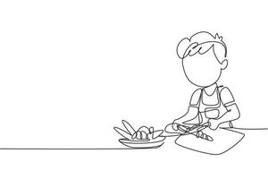 Single one line drawing little girl is cutting carrot and other fresh vegetables. Smiling child is enjoying cooking at home to help mother. Continuous line draw design graphic vector illustration