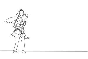 Single one line drawing cute married couple with man wearing suit carrying woman with wedding dress on his back. Happy romantic couple in love. Continuous line draw design graphic vector illustration