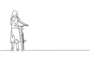 Single one line drawing walking young lady with bicycles. Happy girl take walk with bicycle at rural road. Healthy lifestyle of village people. Continuous line draw design graphic vector illustration