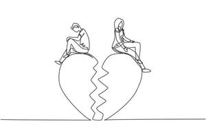 Single continuous line drawing relationship break up, broken heart, couple facing opposite direction. Couple sitting on big broken heart shape. Dynamic one line draw graphic design vector illustration