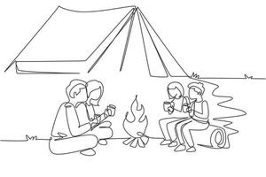 Single continuous line drawing happy family camping with campfire and drinking hot tea. Kids sitting on logs, mom dad sitting on ground in forest. Wild nature. One line draw design vector illustration