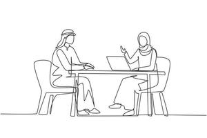 Single one line drawing Arabian woman journalist interviewing guy at desk. Microphone, discussion, speech. Social media, communication concept. Continuous line draw design graphic vector illustration