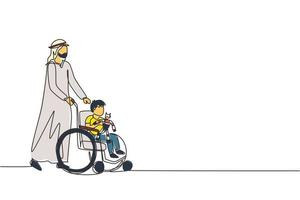 Single continuous line drawing rehabilitation for children. Arabian father takes care of boy. Happy daddy helps children with disabilities in wheelchair holding robot toy. One line draw design vector