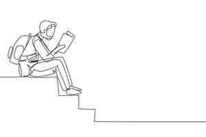 dibujo de una sola línea continua moderno joven hombre árabe leyendo un libro sentado en las escaleras. lector masculino inteligente disfrutando de la literatura o estudiando, preparándose para el examen. ilustración de vector de diseño de dibujo de una línea