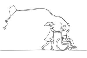 dibujo de una sola línea continua concepto de niño feliz discapacitado. niña dibujada a mano empujando a un niño en silla de ruedas con cometa voladora. discapacitados se divierten afuera. ilustración de vector de diseño de dibujo de una línea