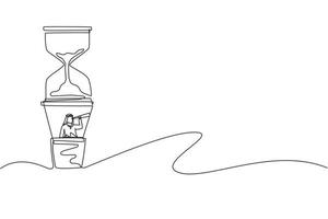 hombre de negocios árabe de dibujo de una sola línea en reloj de arena de globo de aire caliente mirando con telescopio. gestión del tiempo empresarial. éxito, campeón, reloj de arena. ilustración de vector de diseño de dibujo de línea continua
