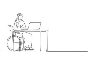 Continuous one line drawing young Arabian man uses wheelchair and working with computer in office. Online job and startup. Physical disability. Single line draw design vector graphic illustration