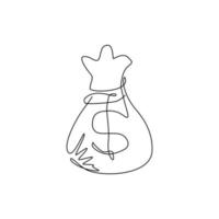 icono de vector de bolsa de dinero de dibujo de una línea continua, ilustración de caricatura simple plana de bolsa de dinero con cordón negro y signo de dólar aislado en fondo blanco. gráfico vectorial de diseño de dibujo de una sola línea