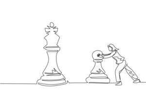 Single continuous line drawing cute businesswoman push huge pawn chess piece. Business strategy and marketing plan. Strategic move in business concept. One line draw graphic design vector illustration