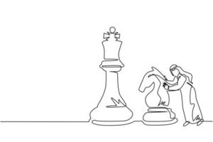 Continuous one line drawing Arab businessman push huge knight chess piece. Business strategy and marketing plan. Strategic move in business concept. Single line draw design vector graphic illustration