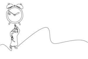 Continuous one line drawing Arabian businessman, manager or employee flying with big balloon alarm clock and hold rope. Time management business metaphor. Single line draw design vector illustration