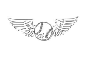 pelota de béisbol de dibujo de una sola línea volando con alas de ángel. emblema de béisbol realista con alas blancas levantadas, pelota para diseño deportivo. ilustración de vector gráfico de diseño de dibujo de línea continua