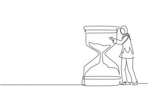 Continuous one line drawing confident young Arabic businesswoman hugging on huge hourglass. Time management or successfully task organizing concept. Single line draw design vector graphic illustration