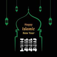 Happy Islamic New Hijri Year 1444 with green mosque and lantern silhouette isolated on black background. Passing from 1443 into New Hijri Year 1444 Flip Text Effect. vector