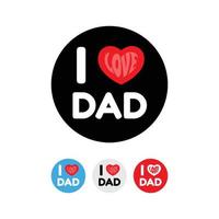 Me encanta el texto de papá con corazones rojos aislados en fondo negro, saludos y regalos para la ilustración vectorial del día del padre feliz. vector