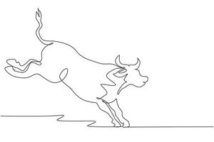 Continuous one line drawing wild bull attack. Elegance buffalo for conservation national park logo identity. Big strong bull mascot concept for rodeo show. Single line draw design vector graphic