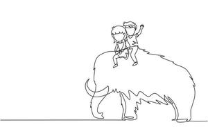 Continuous one line drawing little boy and girl caveman riding woolly mammoth together. Kids sitting on back of mammoth. Stone age children. Ancient human life. Single line draw design vector graphic