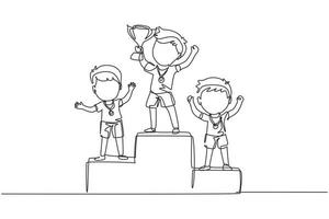 Single continuous line drawing cute boy standing on podium as sport competition winner. Championship celebration. Happy cute kid win game gold trophy. One line draw graphic design vector illustration