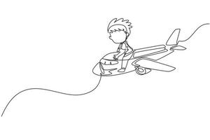 Single continuous line drawing cute little boy riding plane. Happy kids on airplane. Children riding airplane, summer journey, travel concept. Dynamic one line draw graphic design vector illustration