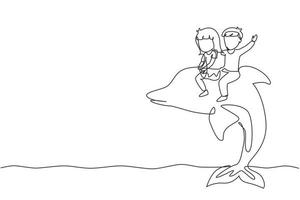 Single one line drawing little boy and girl riding dolphin together. Kids sitting on back dolphin in swimming pool. Children with dolphin swimming in water. Continuous line draw design graphic vector