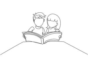 Dibujo continuo de una línea para niños, niños y niñas leyendo un libro en la mesa juntos. mente abierta con el libro leído. fuente de conocimiento. estudiante inteligente. ilustración gráfica de vector de diseño de dibujo de una sola línea