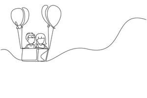 Single one line drawing cute boy and girl sitting in cardboard box with balloons. Little pilot of hot air balloon. Creative kids character playing hot air balloon. Continuous line draw design graphic vector