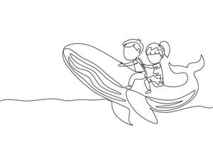 Single one line drawing little boy and girl riding blue whale together. Kids sitting on back of whale. Cheerful children on back of large blue whale. Modern continuous line draw design graphic vector