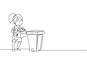 Single continuous line drawing girl gathering garbage and plastic waste for recycling. Kid picking up plastic bottles into garbage. Eco education. One line draw graphic design vector illustration