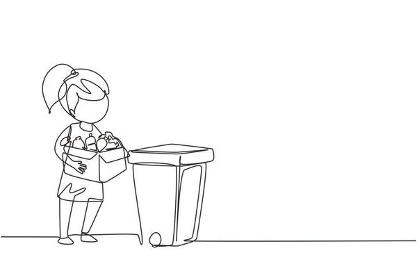 Single continuous line drawing girl gathering garbage and plastic waste for recycling. Kid picking up plastic bottles into garbage. Eco education. One line draw graphic design vector illustration