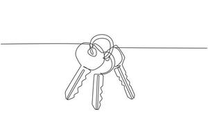una sola línea continua dibujando tres llaves desde el apartamento. casa apartamento en alquiler en venta. el concepto de privacidad, seguridad y protección. Ilustración de vector de diseño gráfico de dibujo de una línea dinámica