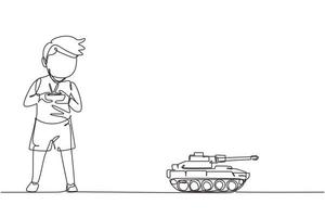 Single one line drawing boy playing with remote-controlled toy battle tank. Kids playing with electronic toy tank with remote control in hands. Continuous line draw design graphic vector illustration